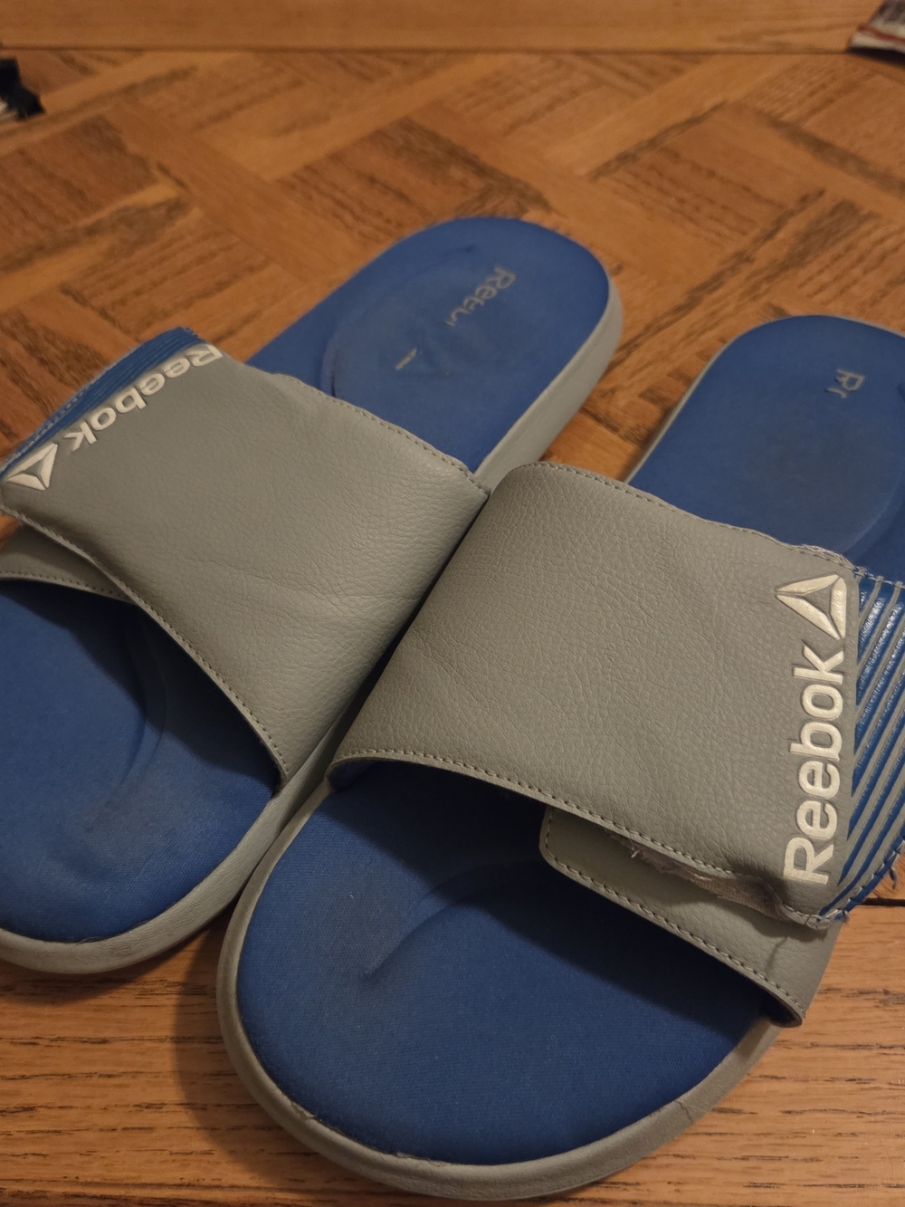 Reebok Gray Strap Blue Footbed Slide Sandals